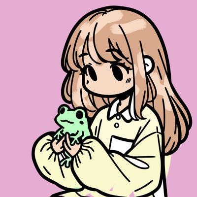 girl with long hair and a oversized shirt. and she is holding a frog