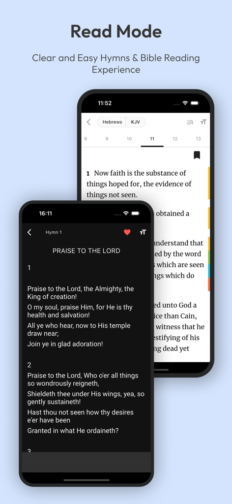 Hymns Of Praise: Jesus Church - Interface showing light and dark read modes for Bible verses and hymns in the Jesus Church app