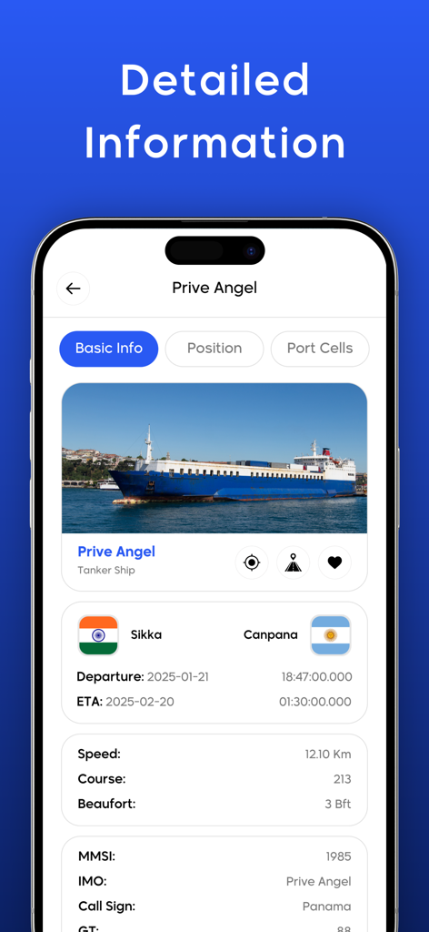 Mobile app screen showing detailed vessel information for a tanker ship including speed course and ETA.