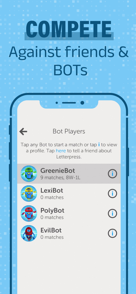 Letterpress – Word Game - Screenshot of Letterpress word game showing a list of computer bot opponents to compete against.