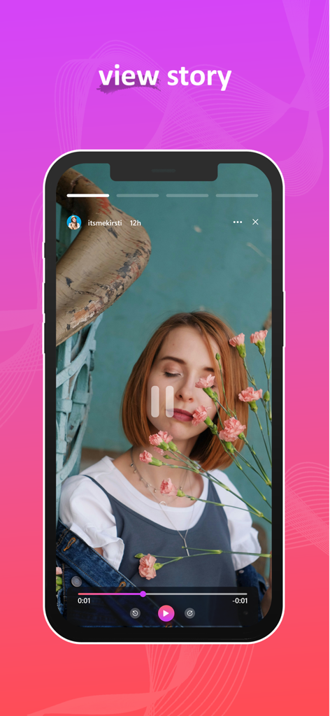 InstSaver - iPhone displaying the view story feature of the InstSaver app with a video of a woman holding flowers