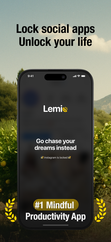 Lemio: Lock In Screen Time - Smartphone screen showing Lemio app locking Instagram with the text Go chase your dreams instead