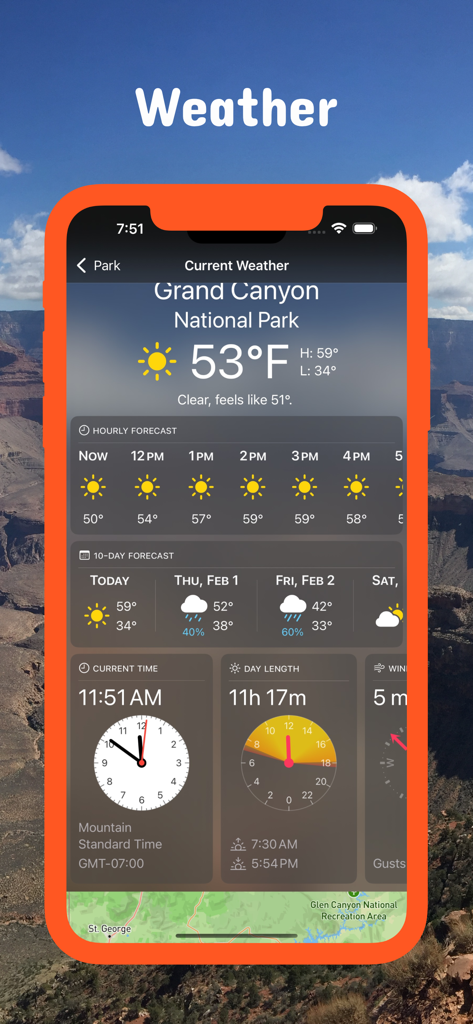 Weather forecast for Grand Canyon National Park in the National Parks Pocket Maps app