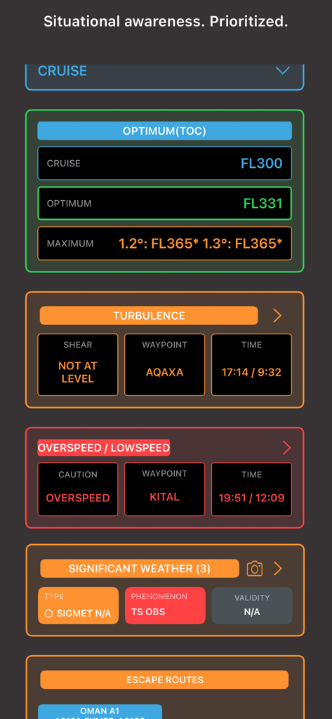Interactive flight dashboard for Boeing pilots showing cruise altitude and weather alerts