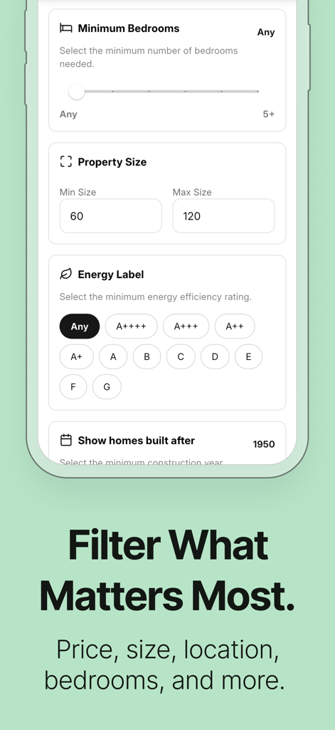 Huisly - Mobile screen of the Huisly app showing advanced property filters for bedrooms size energy labels and construction year