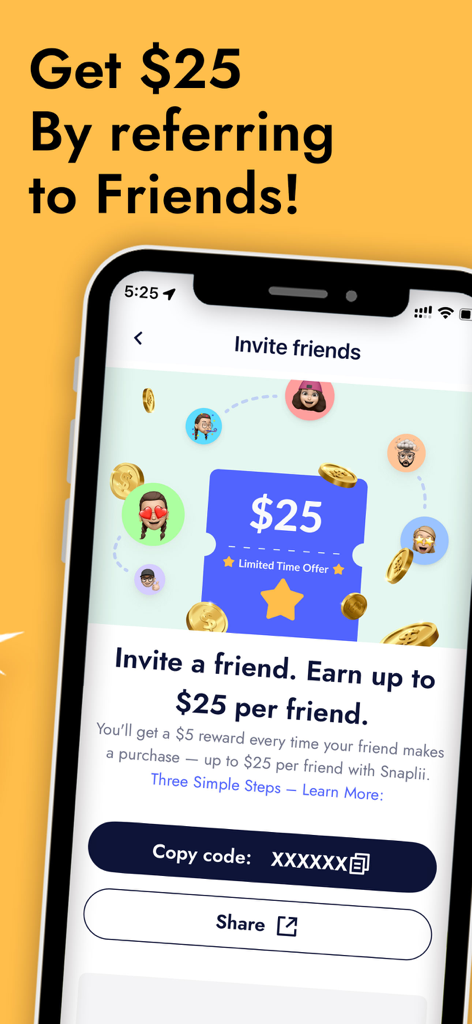 Snaplii: Smart Way to Shop - Snaplii app screen showing a referral program to earn up to 25 dollars by inviting friends.
