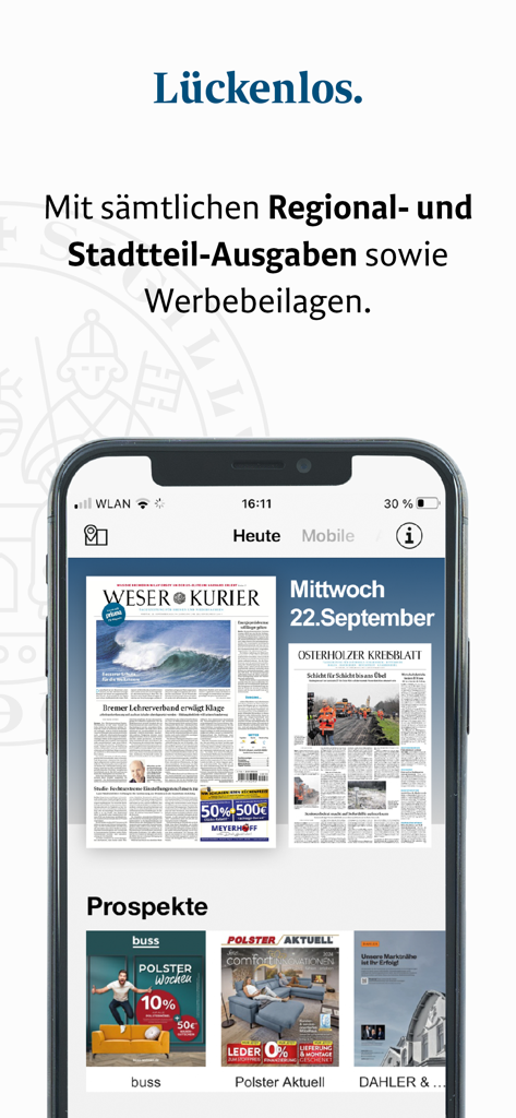WESER-KURIER E-Paper - Interface de l'application mobile Weser-Kurier E-Paper montrant les éditions du journal régional et les brochures locales sur un smartphone
