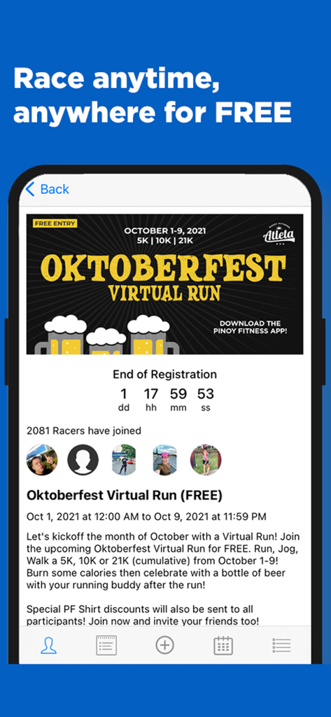 Pinoy Fitness Atleta - Screenshot of the Pinoy Fitness Atleta app showing the Oktoberfest Virtual Run event details with a countdown timer and list of participants.