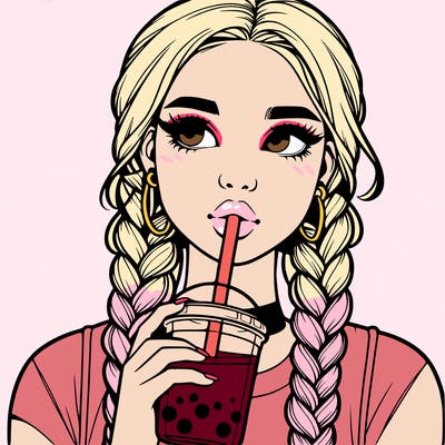 realistic girl with braided hair drinking boba