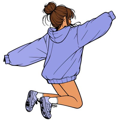 realistic girl jumping with a bun and oversized sweatshirt