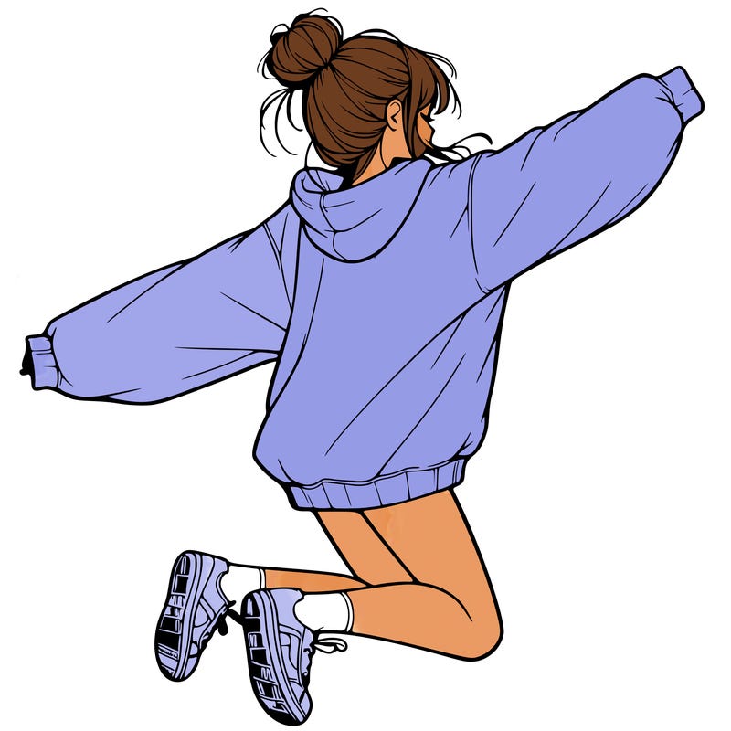 realistic girl jumping with a bun and oversized sweatshirt