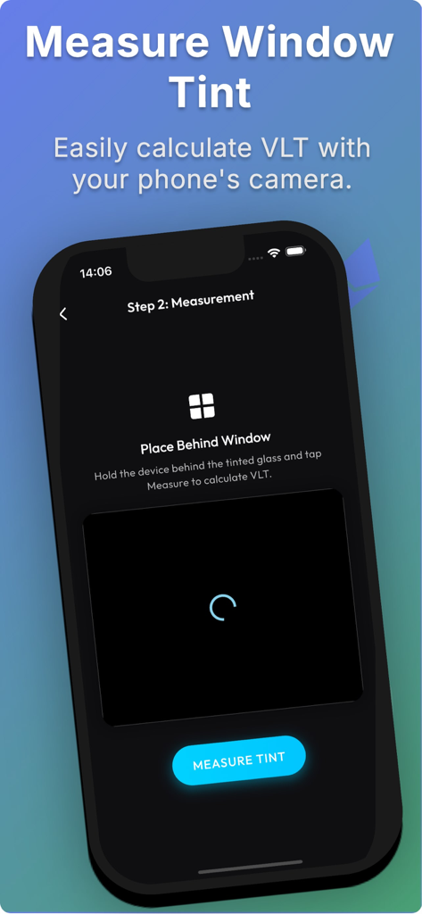 Window Tint Meter – VLT Meter - 스마트폰 카메라를 사용하여 윈도우 틴트 VLT를 측정하는 방법에 대한 지침을 보여주는 모바일 앱 인터페이스.