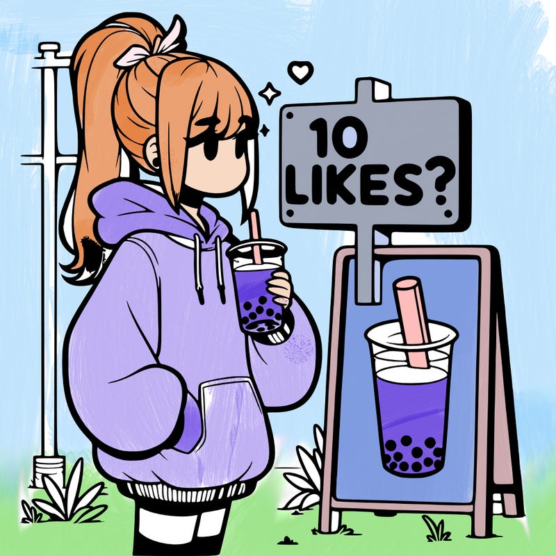 girl with oversized hoodie drinking boba and she has a high ponytail with a sign that says 10likes?