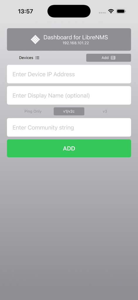 Dashboard for LibreNMS - Interface for adding a new network device in the LibreNMS dashboard app
