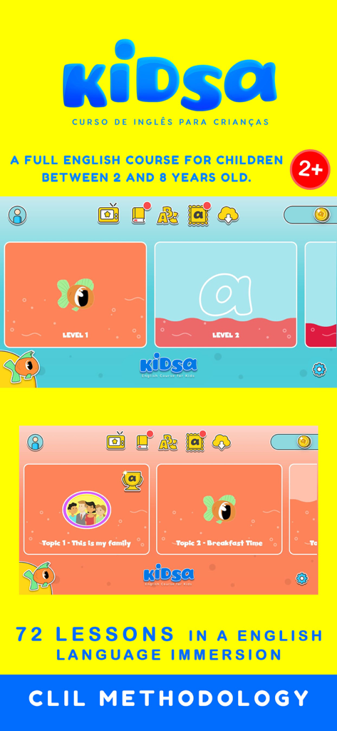 The First English - Kidsa English app interface showing course levels and lessons for children aged 2 to 8