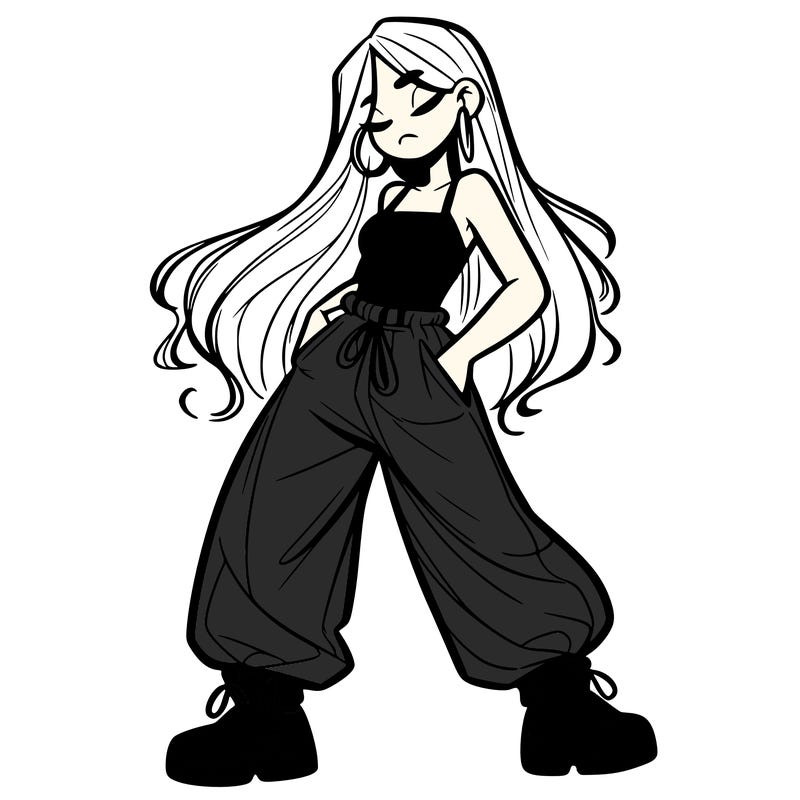 girl in baggy pants crop top and long hair