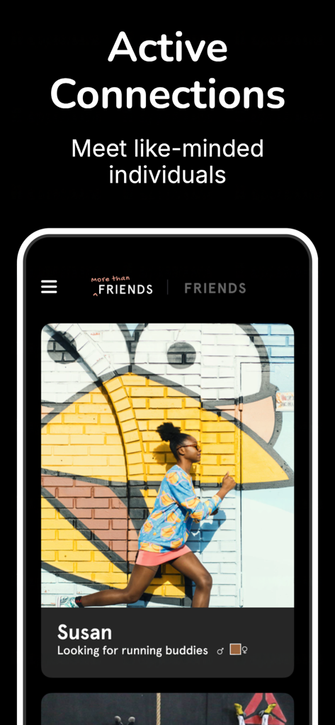 ateam - Interface do aplicativo ateam exibindo um perfil de Susan que procura parceiros de corrida