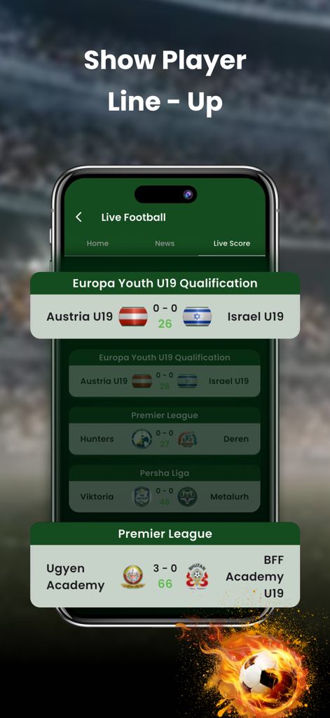 Football Live Score HD - Football Live Score HD app screen showing live match scores and lineups on a smartphone