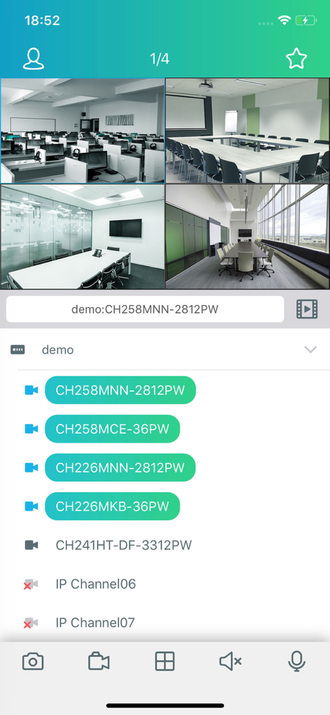 RXCamView - RXCamViewアプリのライブビュー。オフィスの環境の4つのセキュリティカメラフィードが表示されています。