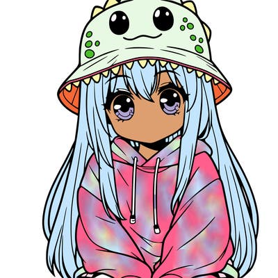 girl with anime shaped eyes with a dinosaur bucket hat oversized sweatshirt long straight hair