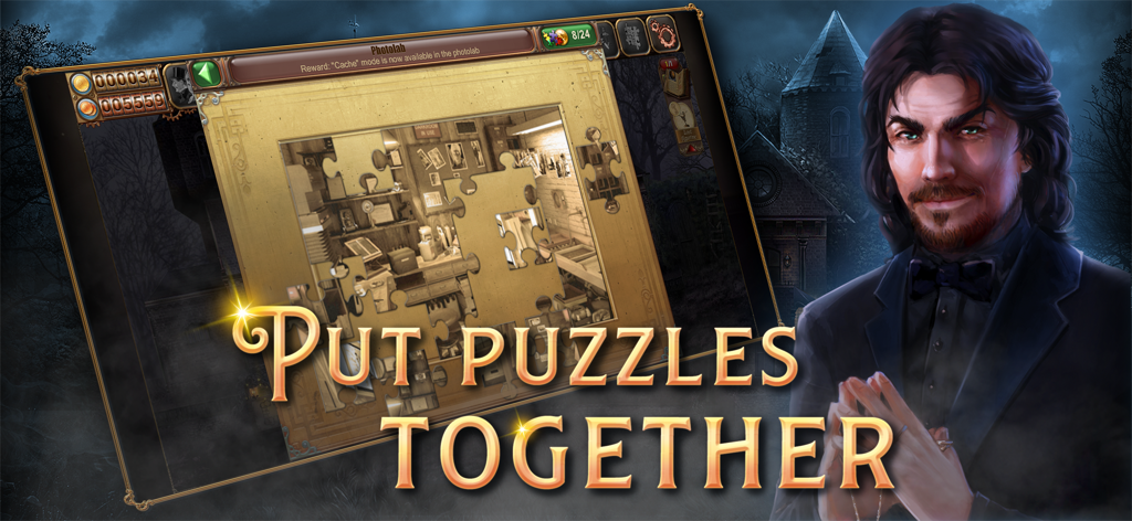 Un personaje misterioso junto a una pantalla de rompecabezas en el juego móvil Panic Room House of Secrets.