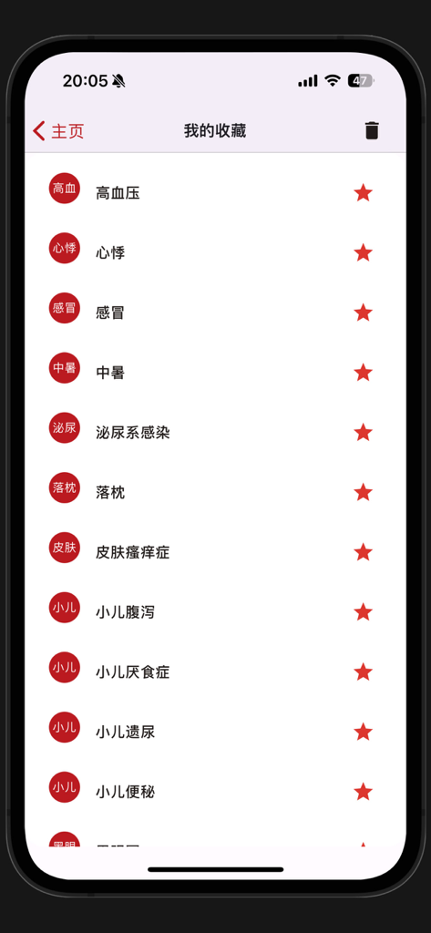中医刮痧-刮痧学习宝典 - The favorites list in the TCM Gua Sha learning app showing saved medical conditions for treatment