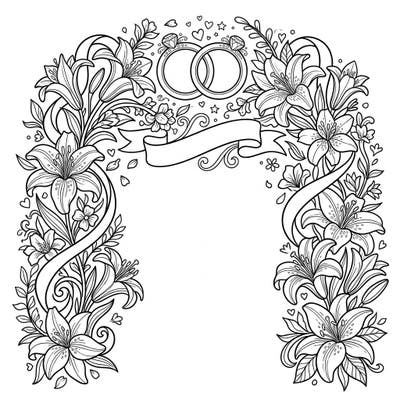 Immerse yourself in romance with this exquisite wedding-themed coloring page, showcasing a grand arch of delicate fairy lilies. Elegant ribbons and sparkling wedding rings add to the charm, inviting you to celebrate love with your artistic flair.