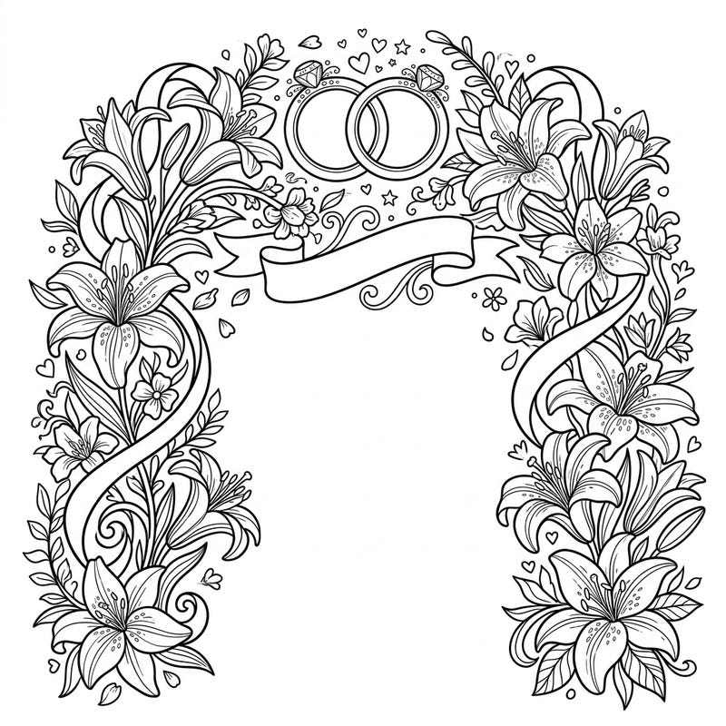 Immerse yourself in romance with this exquisite wedding-themed coloring page, showcasing a grand arch of delicate fairy lilies. Elegant ribbons and sparkling wedding rings add to the charm, inviting you to celebrate love with your artistic flair.