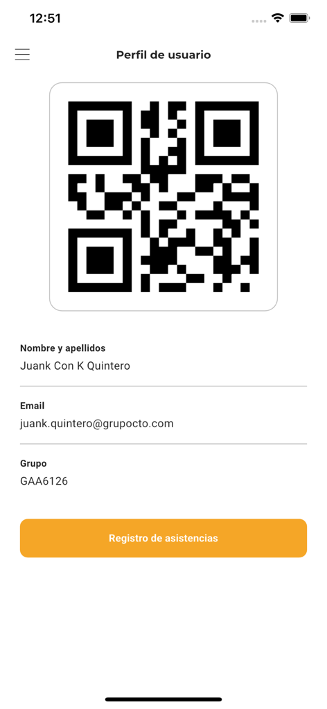 CTO - CTO app user profile interface displaying a QR code and attendance registration button.