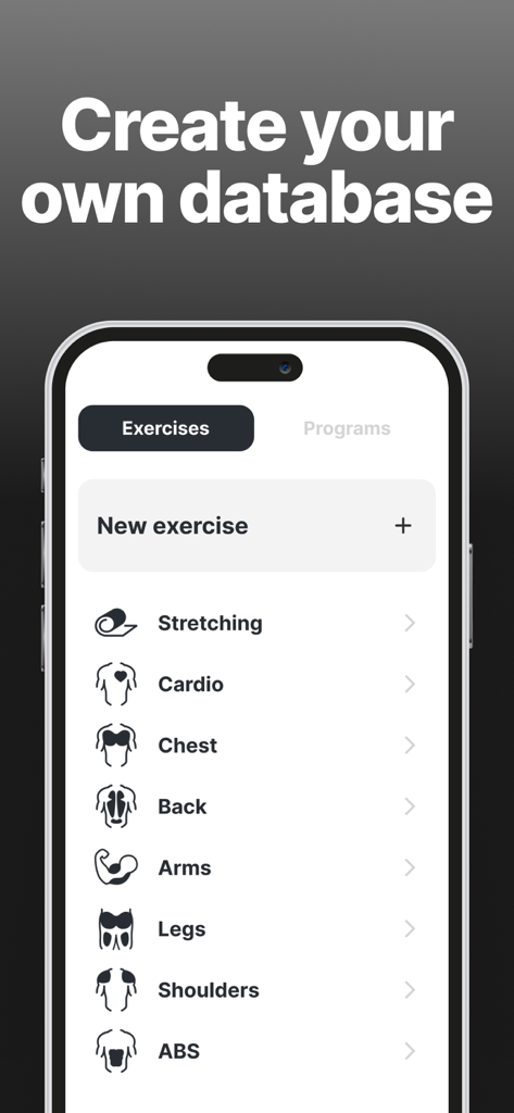 Gym Tracker simple workout log - Interfaz de la aplicación Gym Tracker que muestra las categorías de ejercicios y la opción de crear una base de datos de entrenamiento personalizada.