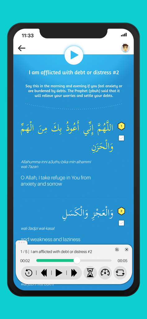 Memorize Easily | Muslim Pal® - Muslim Pal app interface for memorizing a Dua with Arabic text and audio playback controls.