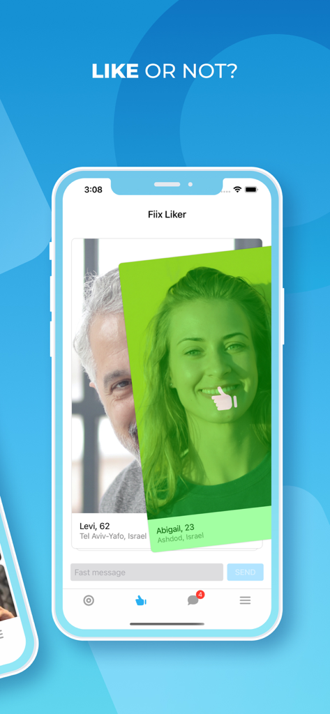 Smartphone screen showing the Fiix dating app Like or Not feature with user profiles and a fast message option.