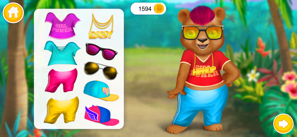 Jungle Animal Hair Salon! - 洋服の選択メニューが表示された、ヒップホップの服を着たクマのキャラクター。