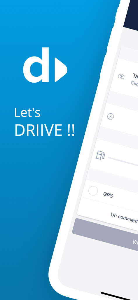 DriiveMe - Schermata di onboarding dell'app DriiveMe con il logo e una lista di controllo per il noleggio auto con opzioni di carburante e GPS