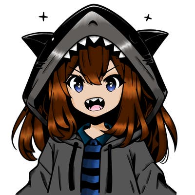 shark girl, anime, sharp teeth, wearing a shark hoodie