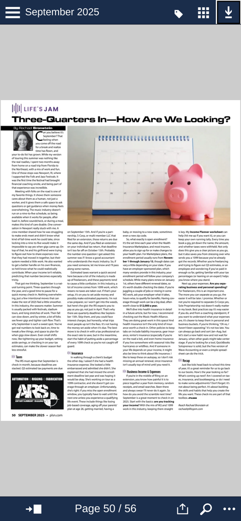 PLSN - Digital view of a PLSN magazine article titled Three-Quarters In regarding business and financial advice for live event professionals