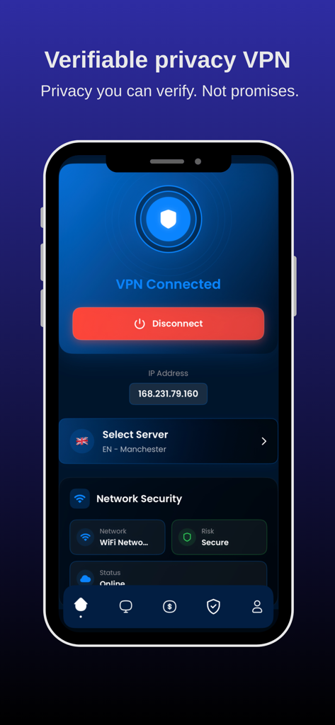 Secybers VPN: Fast & No Logs - Interfaz de la aplicación Secybers VPN en un iPhone mostrando un estado seguro conectado a un servidor en Manchester.