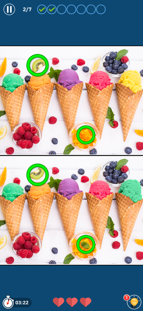 Find The Differences: Spot It - Una captura de pantalla del juego Encuentra las Diferencias mostrando un rompecabezas para encontrar las diferencias con conos de helado y frutas de colores.