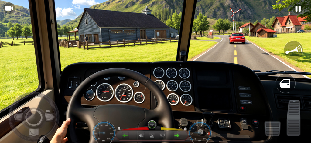 Pak Transport Truck Drive 3D - First-person interior view of a truck dashboard and steering wheel driving on a scenic rural road