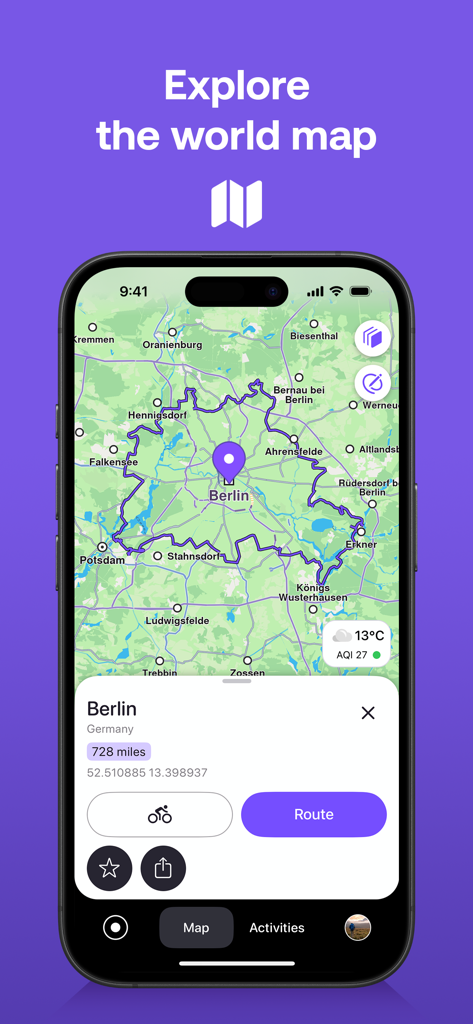 Interfaccia dell'app Magic Earth che mostra una mappa di Berlino con opzioni di percorso e navigazione ciclistica.