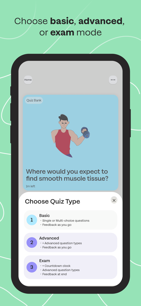 Sharpen - College Exam Prep - Mobile interface of the Sharpen app displaying a quiz question and a menu to choose between basic, advanced, and exam study modes.