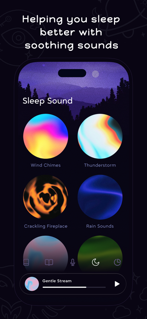 DreamOwl: Dream Journal - DreamOwl app screen showing a library of soothing sleep sounds including wind chimes, thunderstorm, and rain.