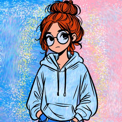 teen girl with a messy bun and glasses wearing a loose hoodie and jeans