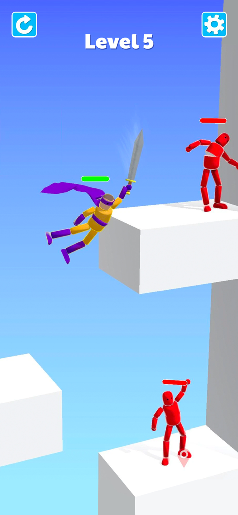Ragdoll Ninja: Imposter Hero - Um personagem ninja amarelo e roxo balançando uma espada em direção a inimigos stickman vermelhos em plataformas brancas em um jogo de ação baseado em física.