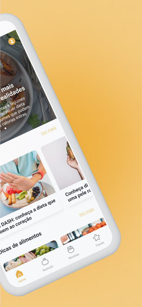 Food Balance - Home screen of the Food Balance app featuring nutrition articles and a bottom navigation menu