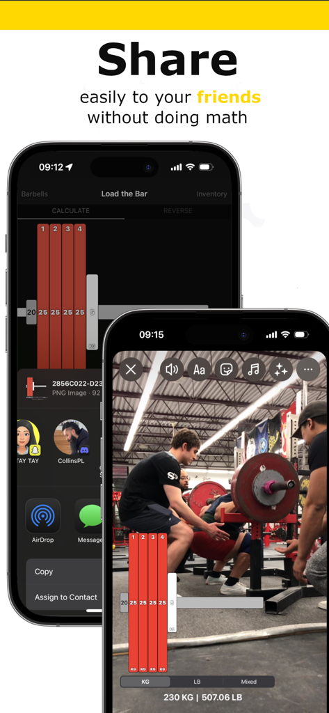 Bar Is Loaded - Gym Calculator - Interface of the Bar Is Loaded app showing how to share a visual plate calculation and workout video to social media