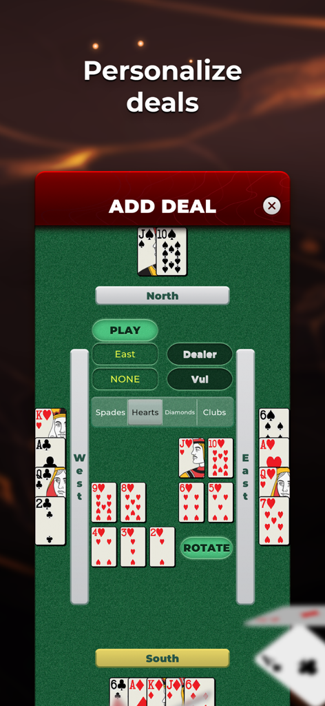 Screenshot of the Bridge Baron app showing the personalize deals and add deal interface.