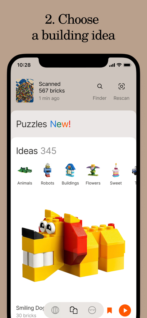 Brickit app interface showing building suggestions like robots and animals based on scanned bricks