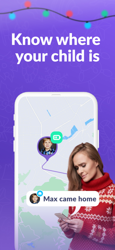 Smartphone screen showing Kids360 app GPS tracking map and notification that child arrived home
