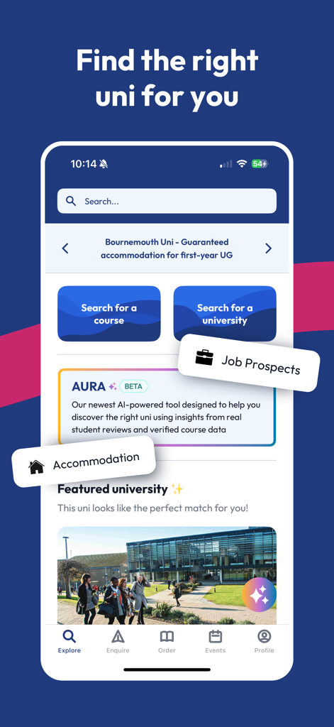 Interface of Uni Compare app for finding UK university courses featuring AI advisor Aura and university search tools